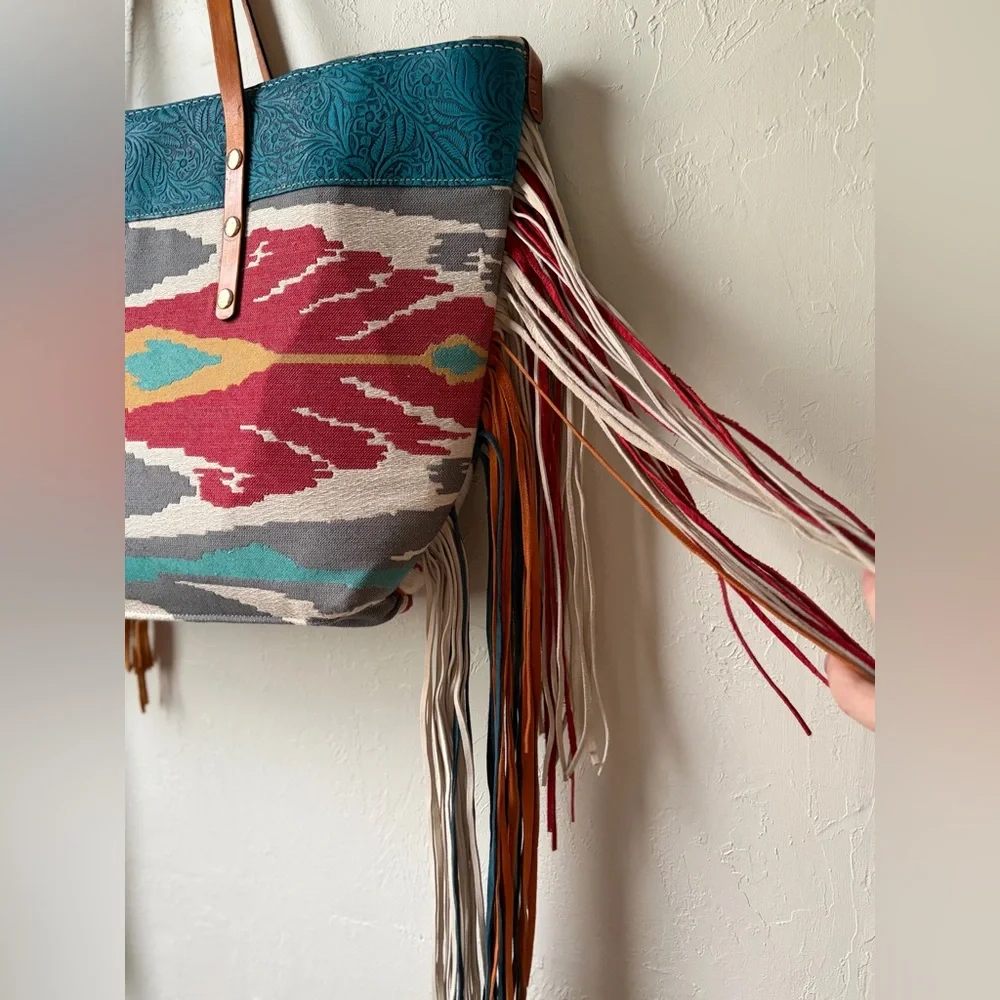 Handmade Leather Fringe Tote Southwestern Ikat Boho Oversized Bag - Picture 6 of 12